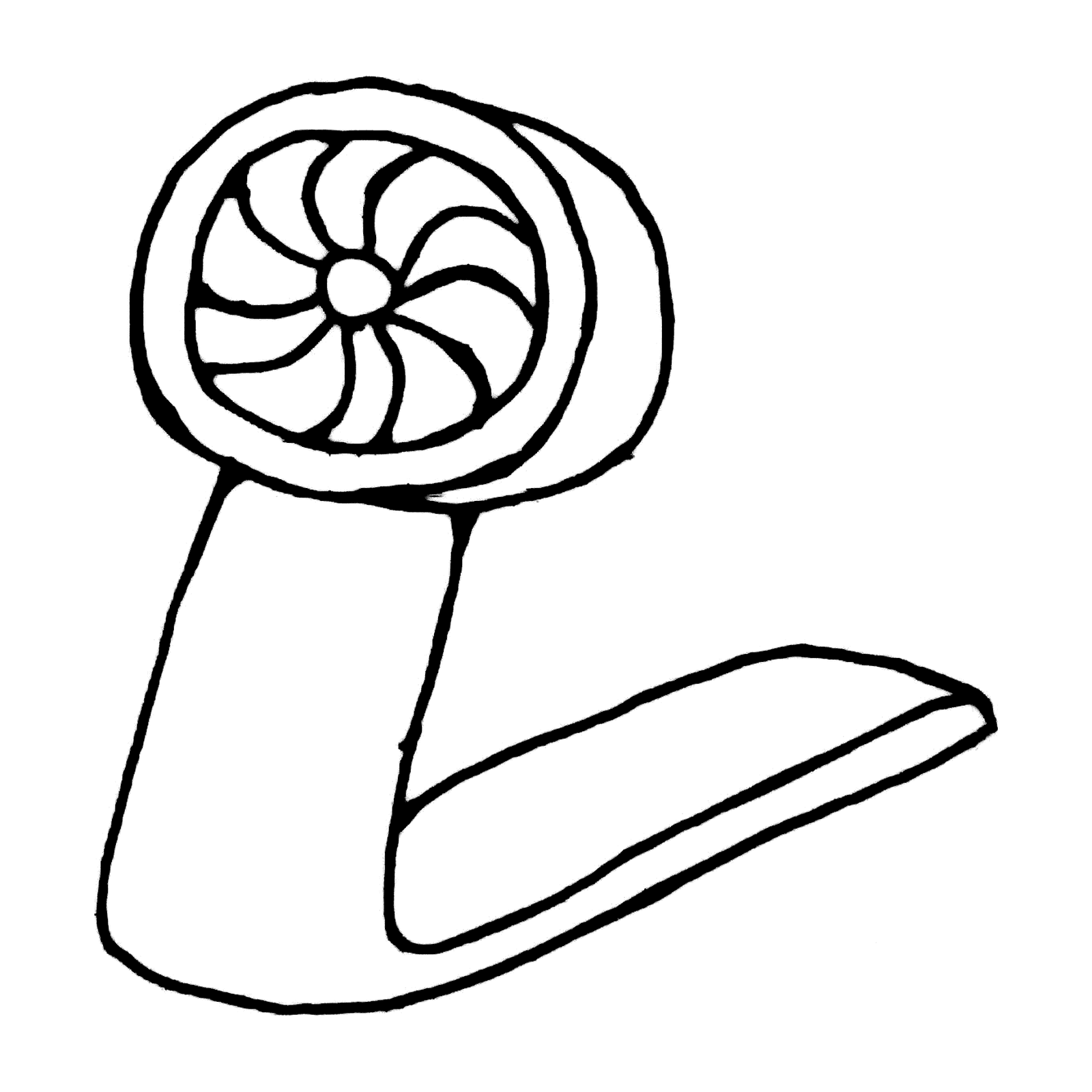 A rounded shape holding a spiral of curved segments around a small centre, set on a tapering column that bends into one long flat limb.
